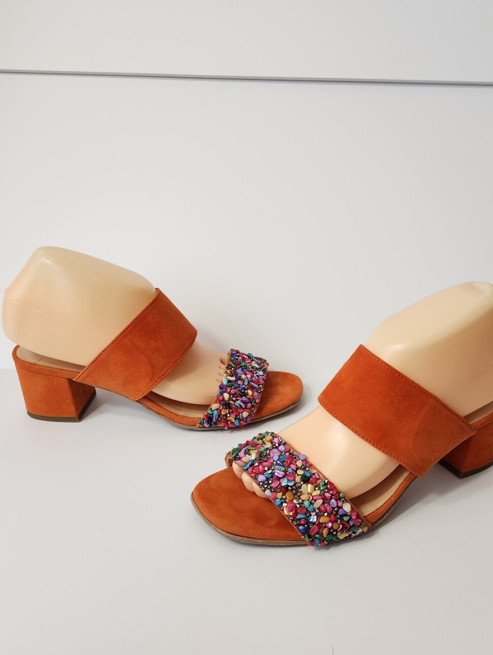 Brenda Zaro Made In Italy Orange Suede Embellished Block Heel Sandal Size 38